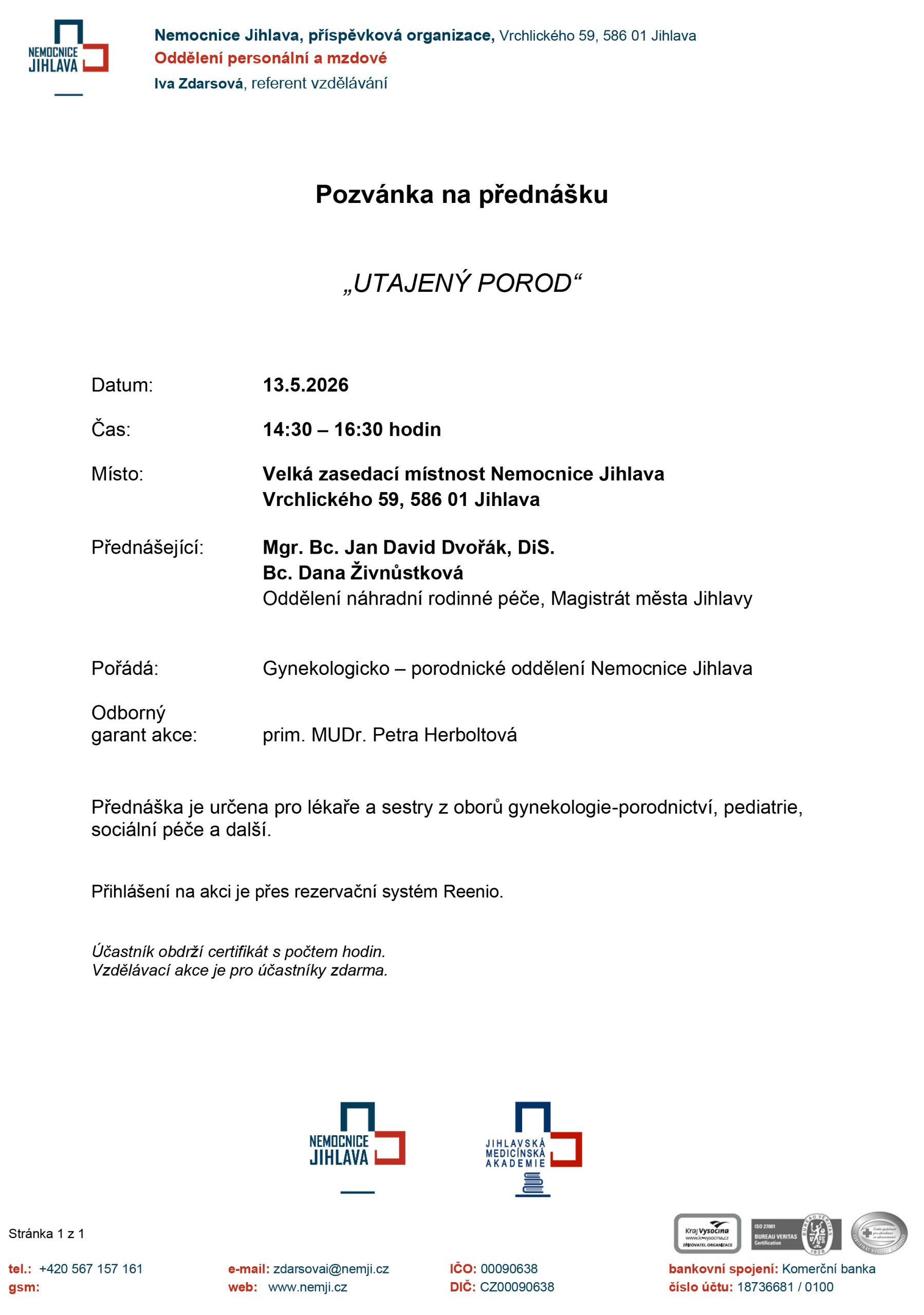 pozvánka utajený porod